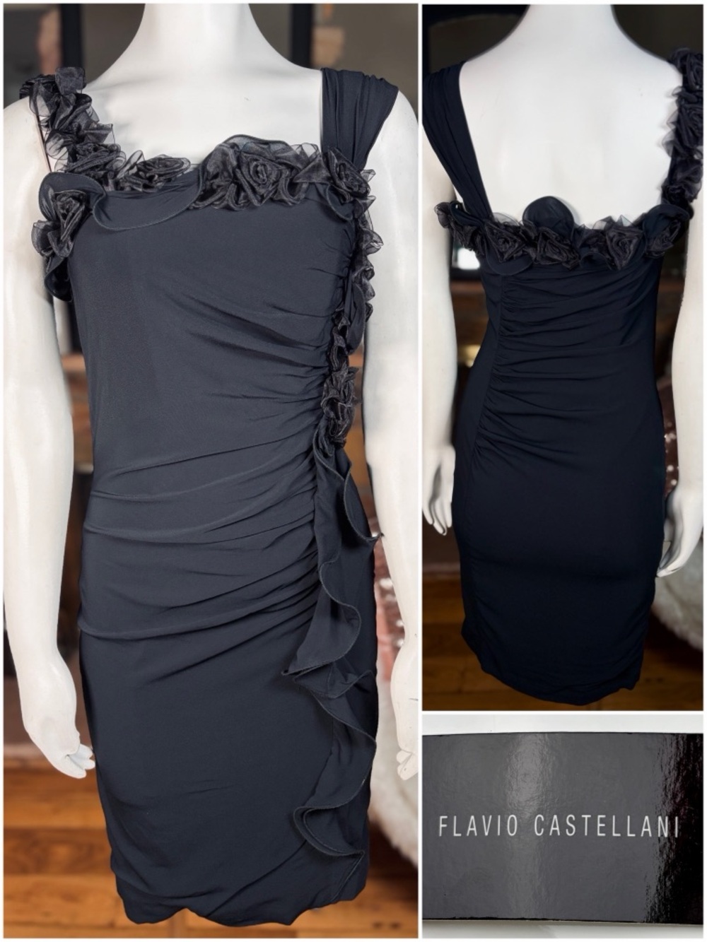 Flavio Castellani Black “Fodera” Ruched Ruffle Ribbon Rose Cocktail Dress Sz 4